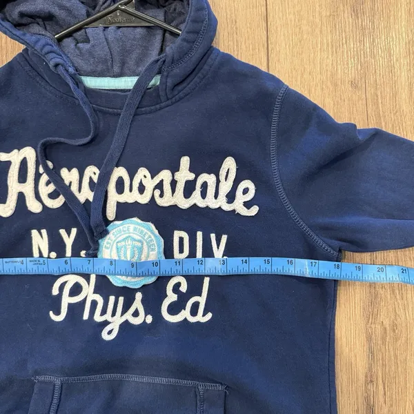 VTG Aeropostale Womens Y2K Navy Hooded Sweatshirt Large Preppy Mall Spellout - Image 7