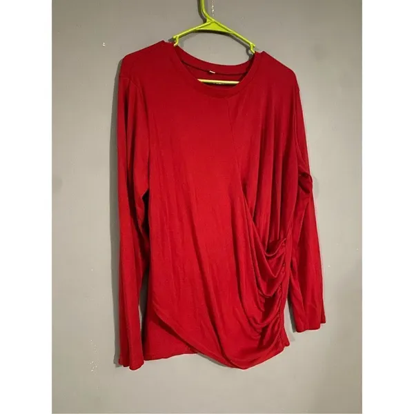 Boutique Red Long Sleeve Cross Front Pleated Hem Smocked Waist Shirt Large - Image 4