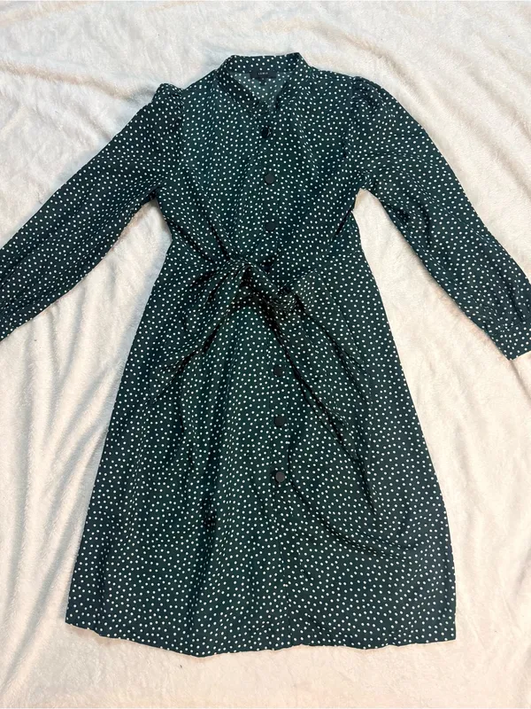 Lumie Dark Green Polka Dot Midi Dress with Tie Waist - Image 2