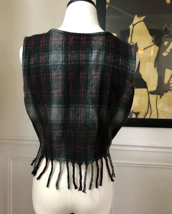 Vintage No Barriers Plaid Wool Fringe Crop Vest L - Image 4