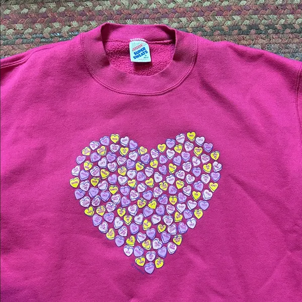 Vtg Jerzees Super Sweats Hot Pink Conversations Heart Sweatshirt - Image 2