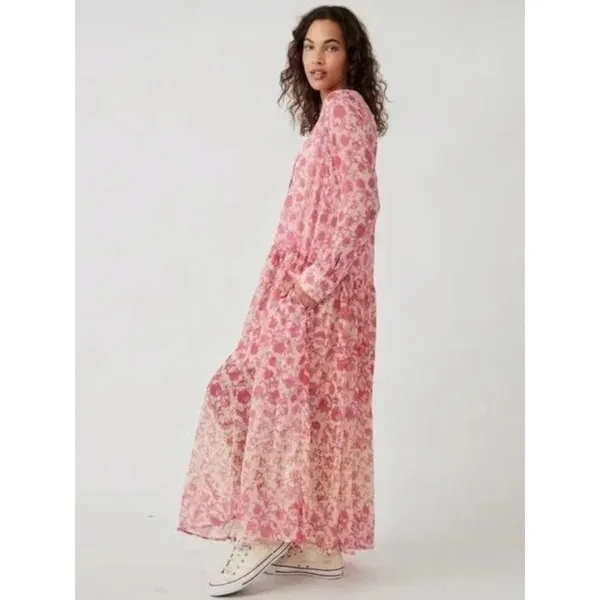 Free People Dainty Ethereal See It Through Maxi Dress Pink Rose Floral Medium - Image 10