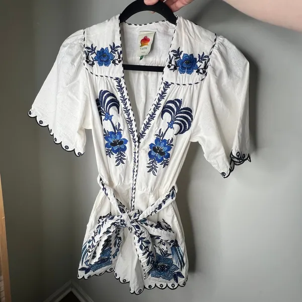 Farm Rio Embroidered Linen Romper Size XS - Image 10