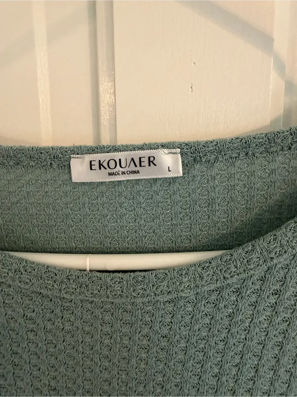 Ekouaer Waffle Knit Lounge Set Long Sleeve Top Shorts Sage Green Large - Image 3