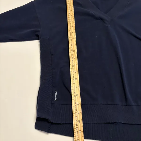 RLX Ralph Lauren Pullover Women S Navy V-Neck Ribbed Panel High-Low Top - Image 5