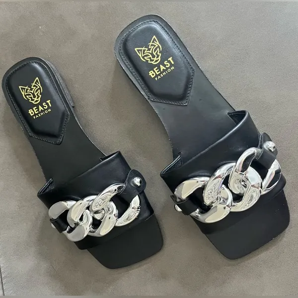Beast Fashion Black Square Toe Slides Chunky Silver Chain Sandals 6.5 - Image 2