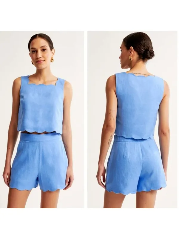 Abercrombie & Fitch Premium Linen Scallop-Hem Tailored Short 28 Blue - Image 2