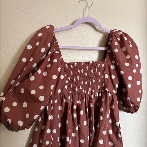 Abercrombie & Fitch Brown Polka Dot Emerson Puff Sleeve Mini Dress Sz Small‎ NEW - Image 4