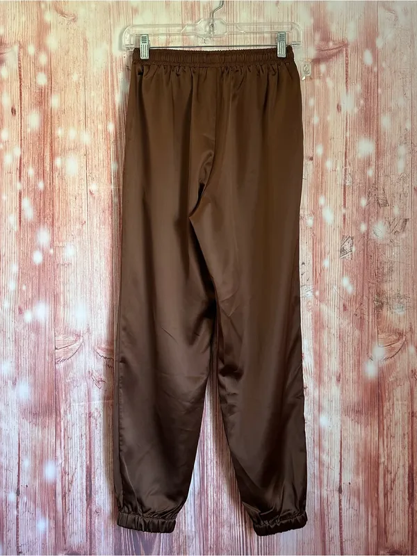 Allegra K Coffee Brown Drawstring Elastic Waist Tassel Satin Jogger Pants Sz XS - Image 9