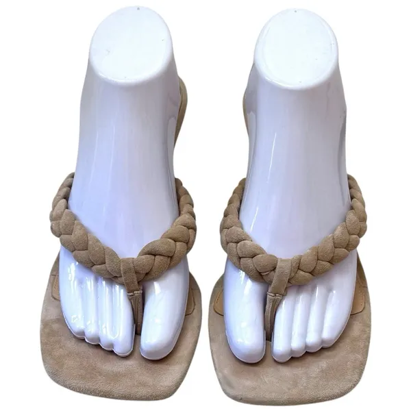 Veronica Beard Marissa Sand‎ Suede Square Toe Thong Sandal Braided Summer 9.5 - Image 4