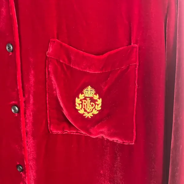 Lauren Ralph Lauren red silk blend collared button up velour velvet size M - Image 2