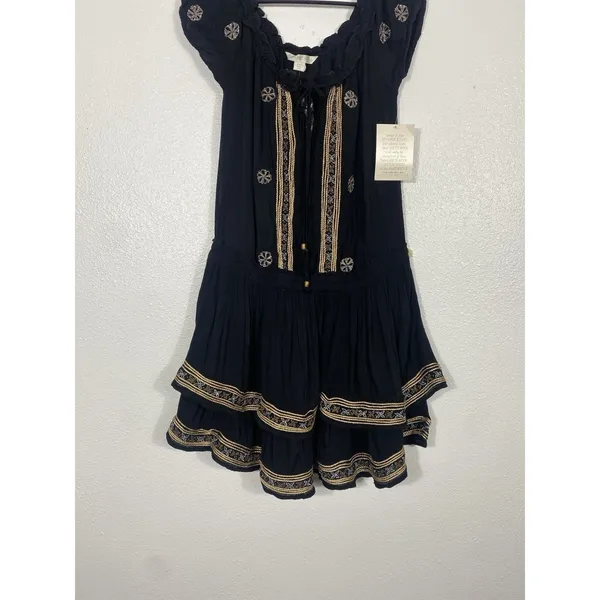 Boston Proper Black Embroidered Beaded Mini Floral Dress Scoop Neck Size S - Image 6