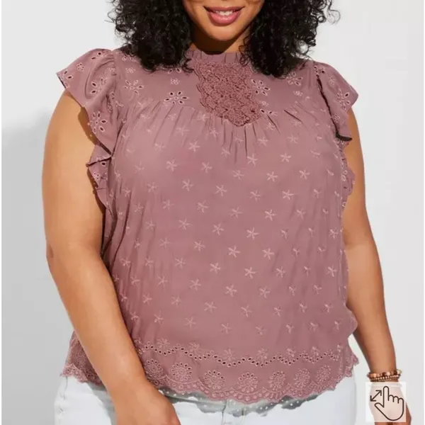 Torrid Dusty Rose Embroidered Blouse Boho Top with Ruffle Sleeves - Image 2