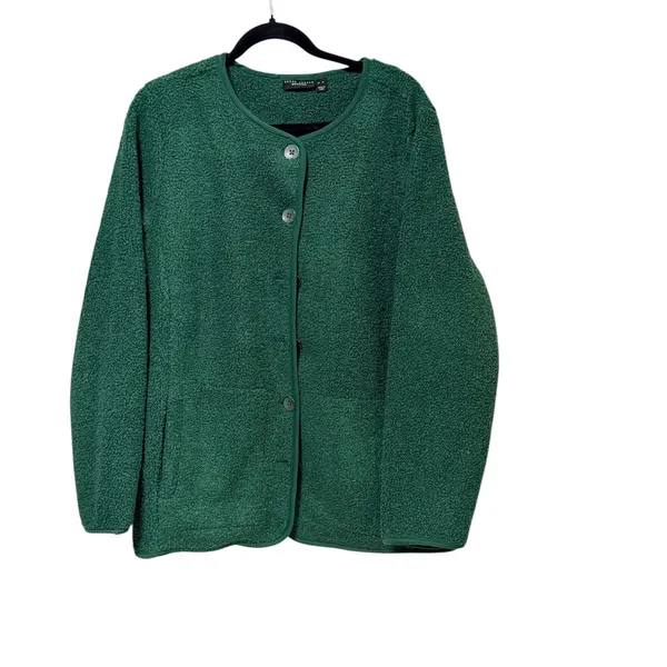 Susan Graver Weekend Green Sherpa Teddy Fleece Button Front Cardigan Jacket XL - Image 2