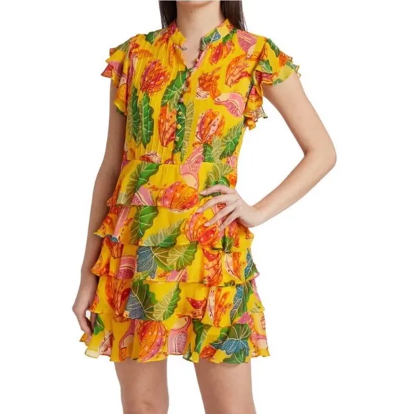 Farm Rio Yellow Beaks & Bananas Mini Dress Small Tropical Toucan Tiered Resort - Image 12
