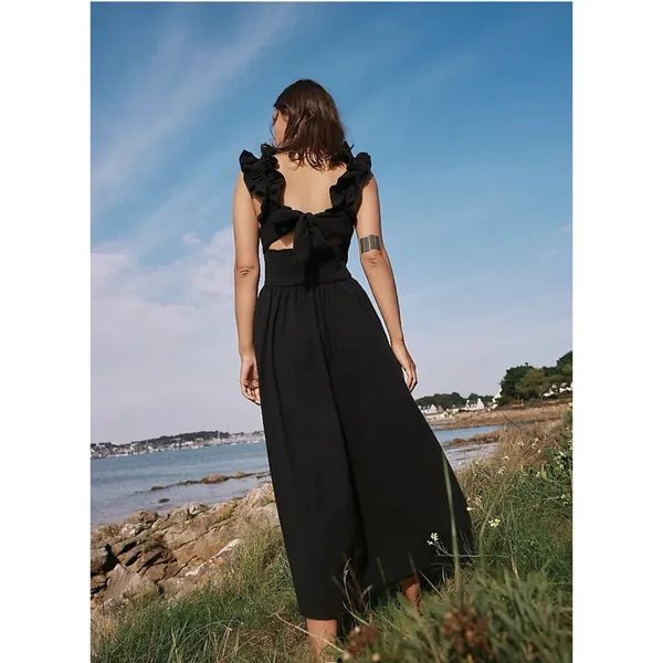 Free People Ruffle It Up Midi Dress Black Smocked Tie Cotton Size Medium - Image 2