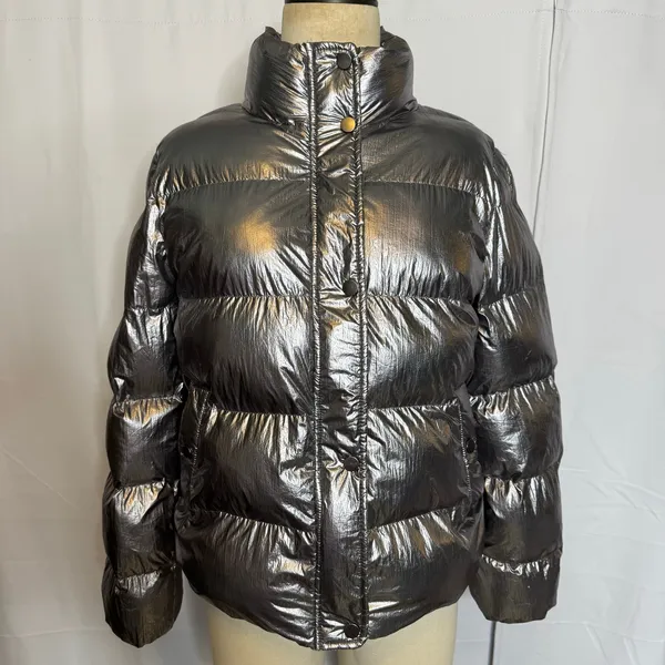 Who What Wear Metallic Silver Puffer Jacket Women’s Medium Shiny Winter Coat - Image 2
