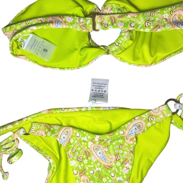 Ribbed Paisley Bandeau Bikini Side Tie Cheeky Small Neon Lime Green Bathing Suit - Image 3