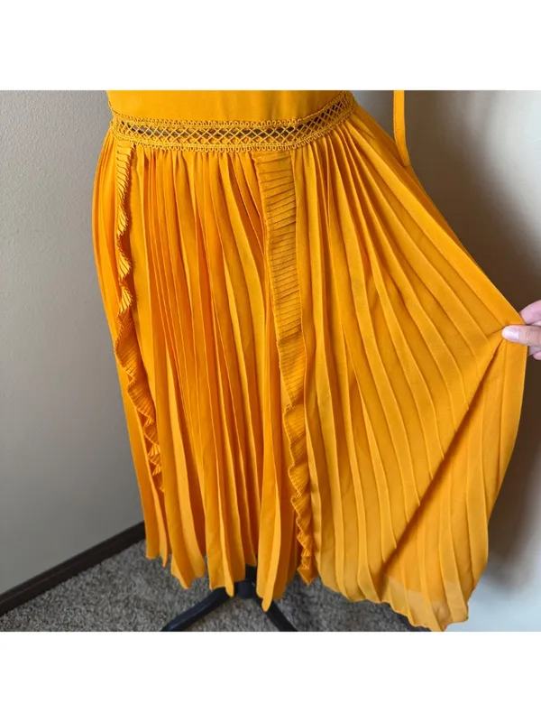 Lulus Never a Dull Moment Pleated Midi Dress Womens Small Marigold Yellow Ruffle - Image 2