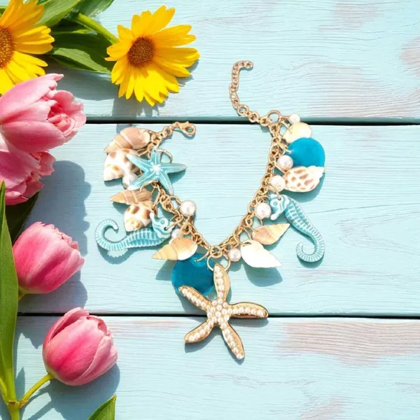 Ocean-Themed Charm Bracelet‎ with Blue and Gold Color Accents - Image 6