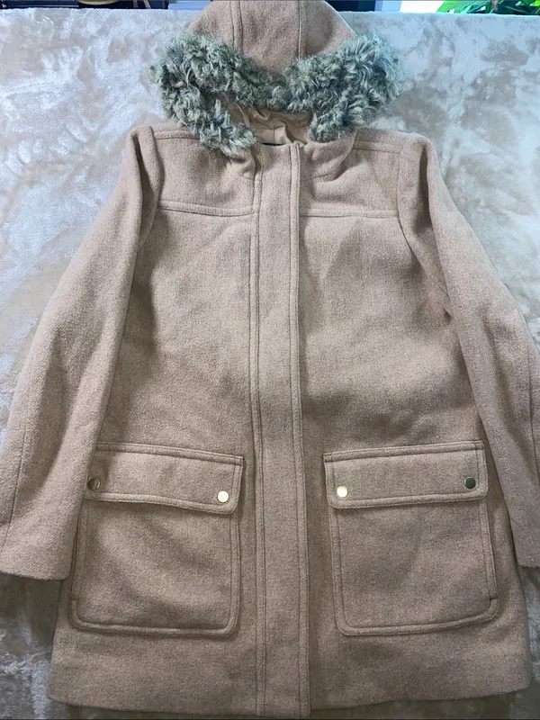J. Crew Vail Parka Camel Hooded Wool-Blend Pea Coat with Faux-Fur Trim - Image 3