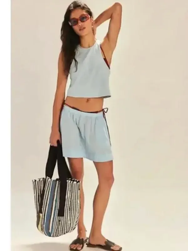 NEW Free People free-est Milani Tank Top Mini Skirt Boho Cotton Set Blue Large - Image 7