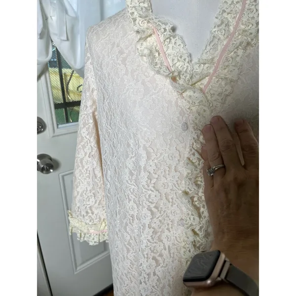 Vintage Lady Irene Lace Ruffle Peignoir Robe L Ivory Pink Ribbon Nylon Nightgown - Image 13