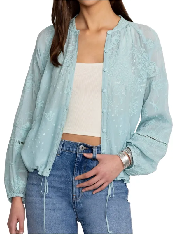 Johnny Was Women’s Size M Light Marine Blue Embroidered Drawstring Bomber Jacket - Image 2