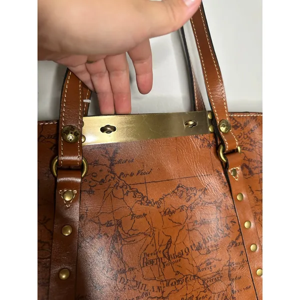 PATRICIA NASH Brown Leather Benvenuto Italy Map Antique Brass Tote Shoulder Bag - Image 10