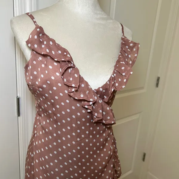 Lioness Polka Dot Ruffle Mini Wrap Dress Mauve Brown Size Medium boho classic - Image 2