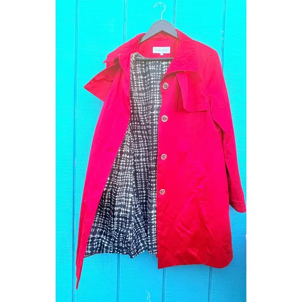 Calvin Klein Dopamine Red Single Breasted Trench Coat‎ Geometric Lining Size L - Image 7