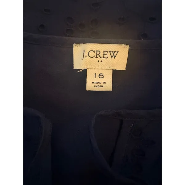 J.Crew Eyelet Shift Dress‎ Womens Size 16 Navy Blue Excellent Ruffle Tie-Neck - Image 5