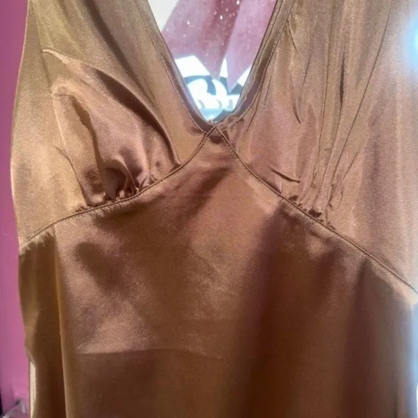 SHEIN Satin V-Neck Sleeveless Mini‎ Dress Copper Silky Side Zip Party Cocktail S - Image 2