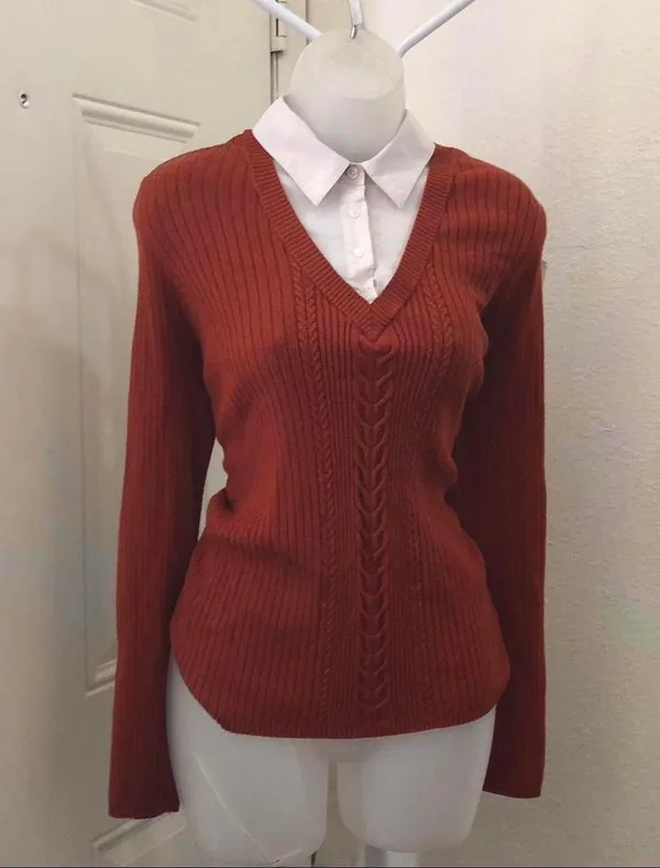 East 5th Y2K Preppy Office siren core Brown & white collared sweater shirt top blouse Long sleeve #minimalist dark academia - Image 2