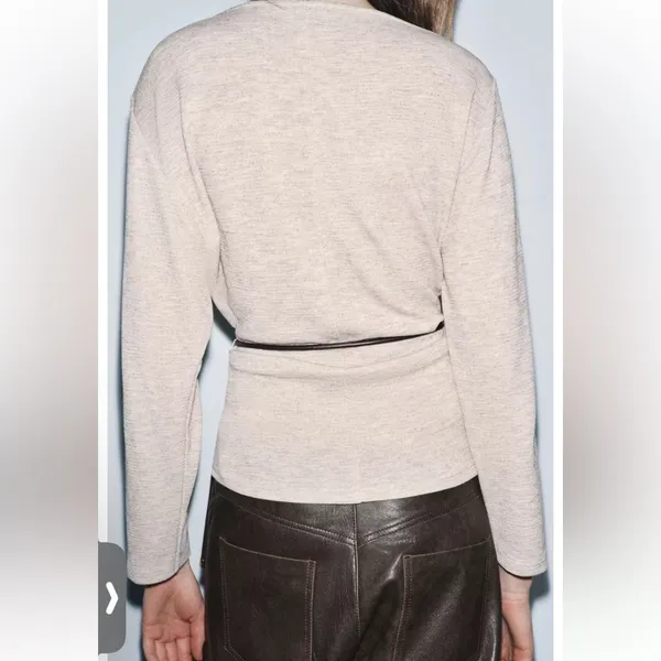 Zara NWT asymmetrical long sleeve top faux leather tie belt light beige marl - Image 6