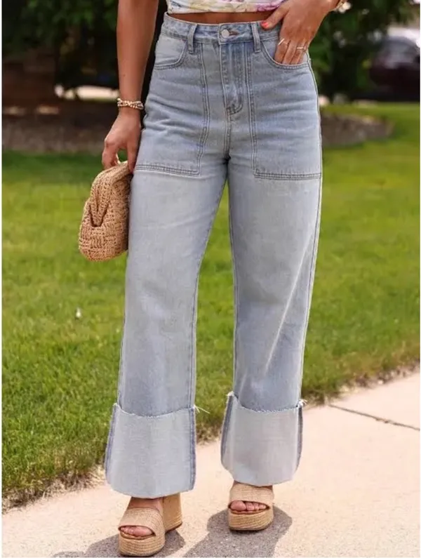 Le Lis Light Blue High-Rise Wide-Leg Jeans With Cuffed Hem - Image 3