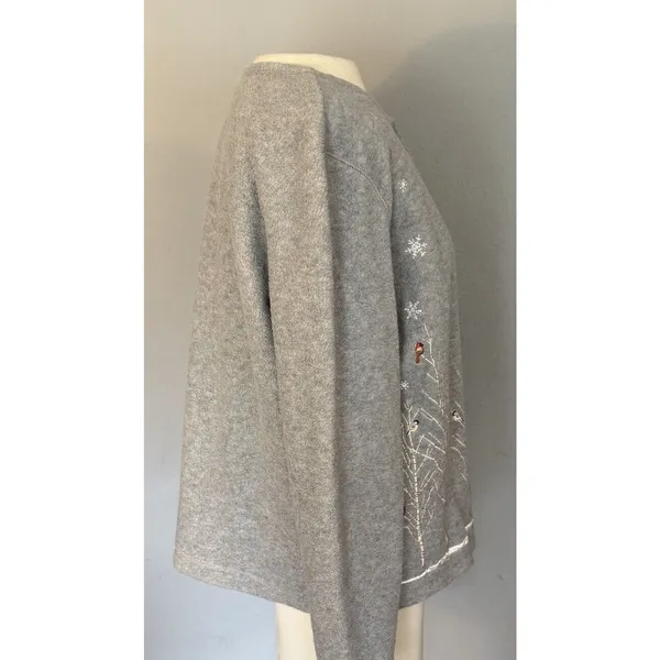 Croft & Barrow Cardigan Sz PL Full Zip Gray Cardinals Birds Holiday Winter‎ Snow - Image 6