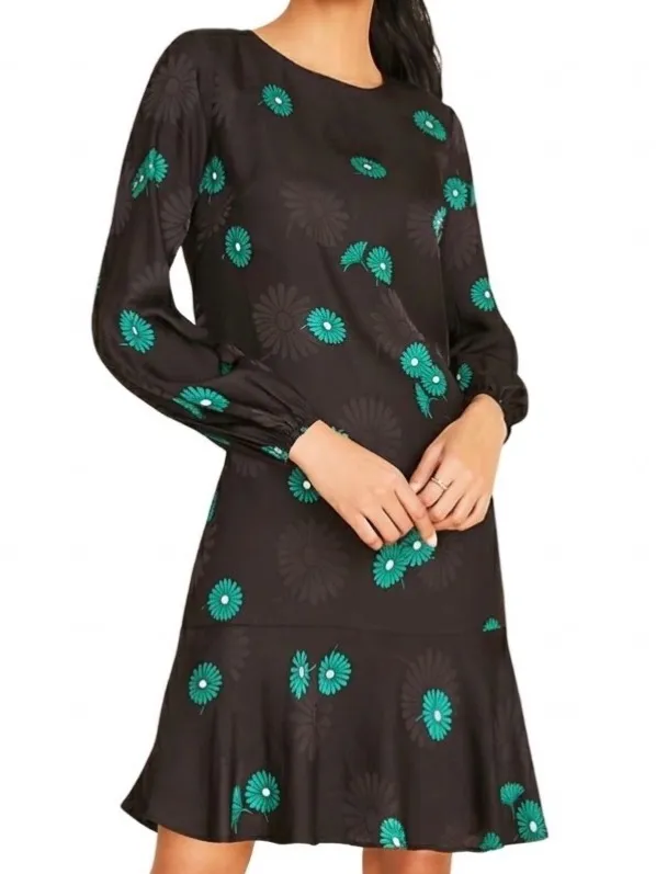 Ann Taylor Green Floral Jacquard Black Flounce Shift Dress with Pockets Size 8 - Image 12
