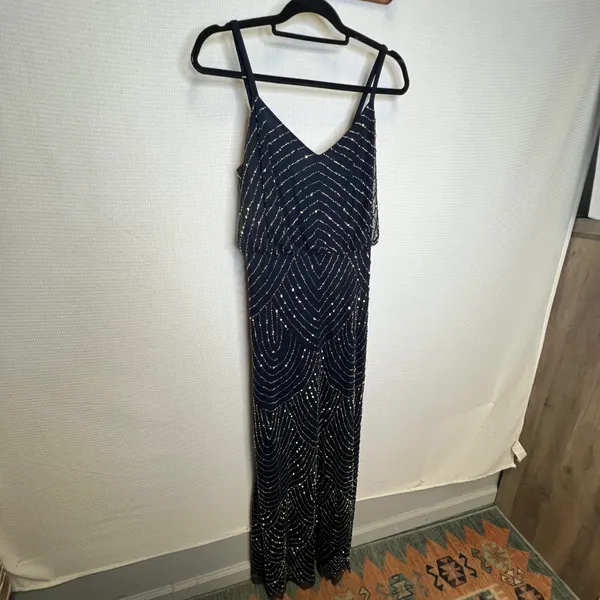Adrianna Papell Navy Blue Sequin Art Deco Blouson Maxi Gown Dress 14 091866700 - Image 2