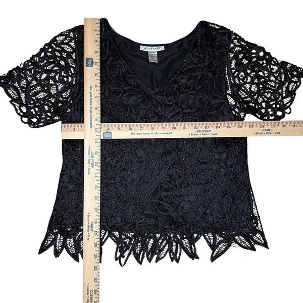 Vintage Silken Poetry‎ S Silk Black Beaded Crochet Lace Top Whimsigoth Fairy - Image 7