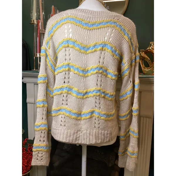 Alya Knit Sweater Womens Medium Tan Blue Yellow Excellent‎ Bell Sleeve - Image 3
