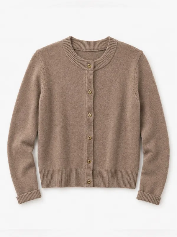 SUUKSESS Women S Camel Cashmere Blend Cardigan Sweater Gold Buttons Quiet Luxury - Image 7