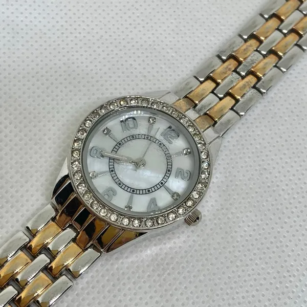 Women quartz watch gold silver tone 28mm round mop dial rhinestones running - Image 2