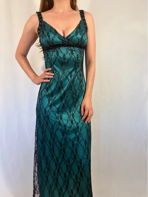 Turquoise Lace Overlay Gothic Maxi V Neck Dress Blue - Image 6
