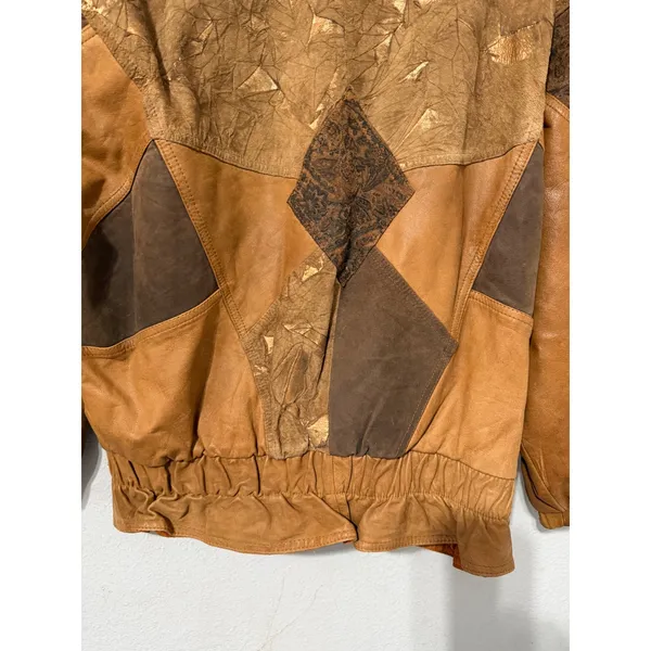 Vintage 80s Otello Pelle Leather Bomber Jacket L Patchwork Paisley Metallic Gold - Image 16