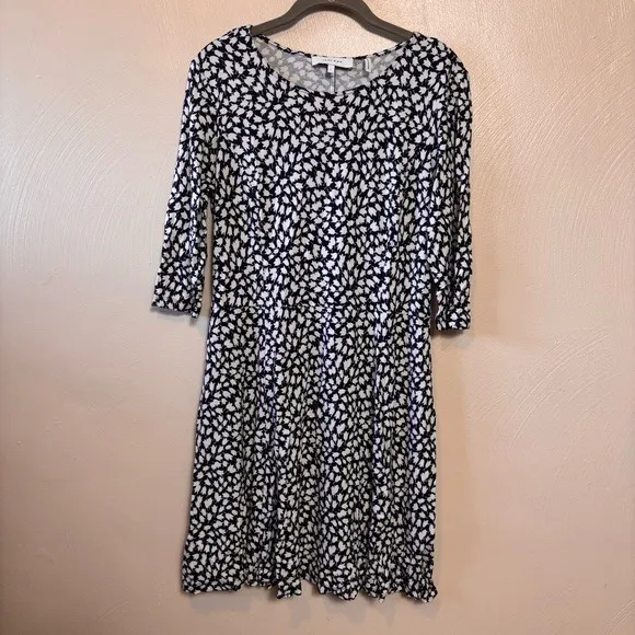 Lark & Ro Dress Fit Flare Midi Dress 3/4 Sleeve Navy‎ Blue White Flower Large - Image 2