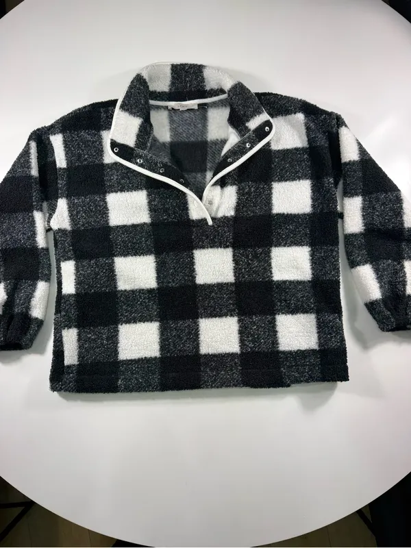 LOFT Black & White Buffalo Check Teddy Pullover Jacket - Image 2