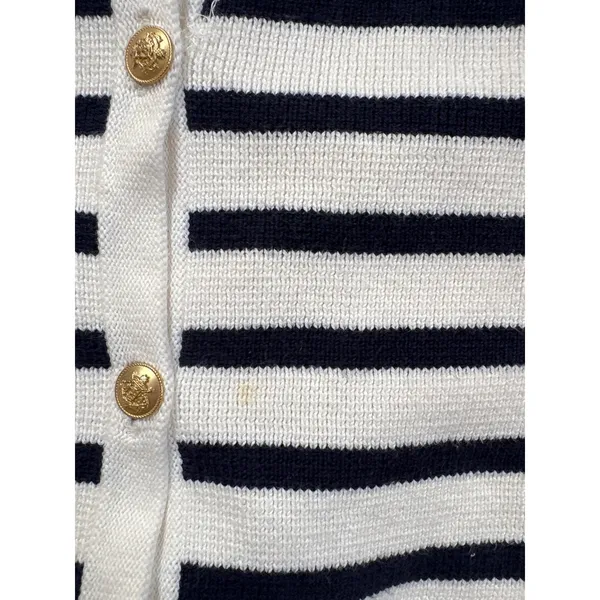 J.Crew Emilie Patch-Pocket Cardigan Sweater Navy White Striped Gold Button XL - Image 5