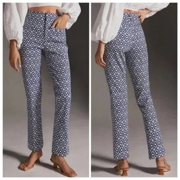 Anthropologie Essential Collection Blue Patterned Pants Size 2 Tall Kick‎ Flare - Image 9