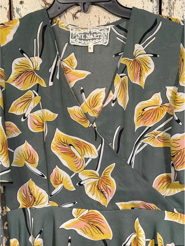 Pink Martini size Large Garden of Love dress Modcloth Green yellow Floral - Image 4